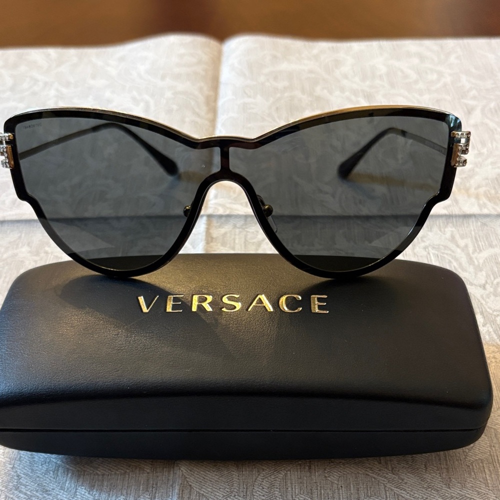 Versace Women's Black Shield Cat-Eye Sunglasses with Gold Accents